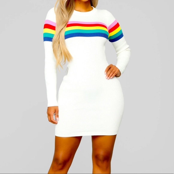 FASHION NOVA RAINBOW STRIPE IVORY SWEATER MINI DRESS - Picture 1 of 6